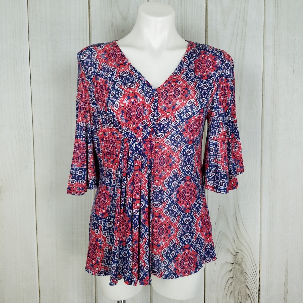 Vintage America Pink and Blue Patterned V-Neck Blouse